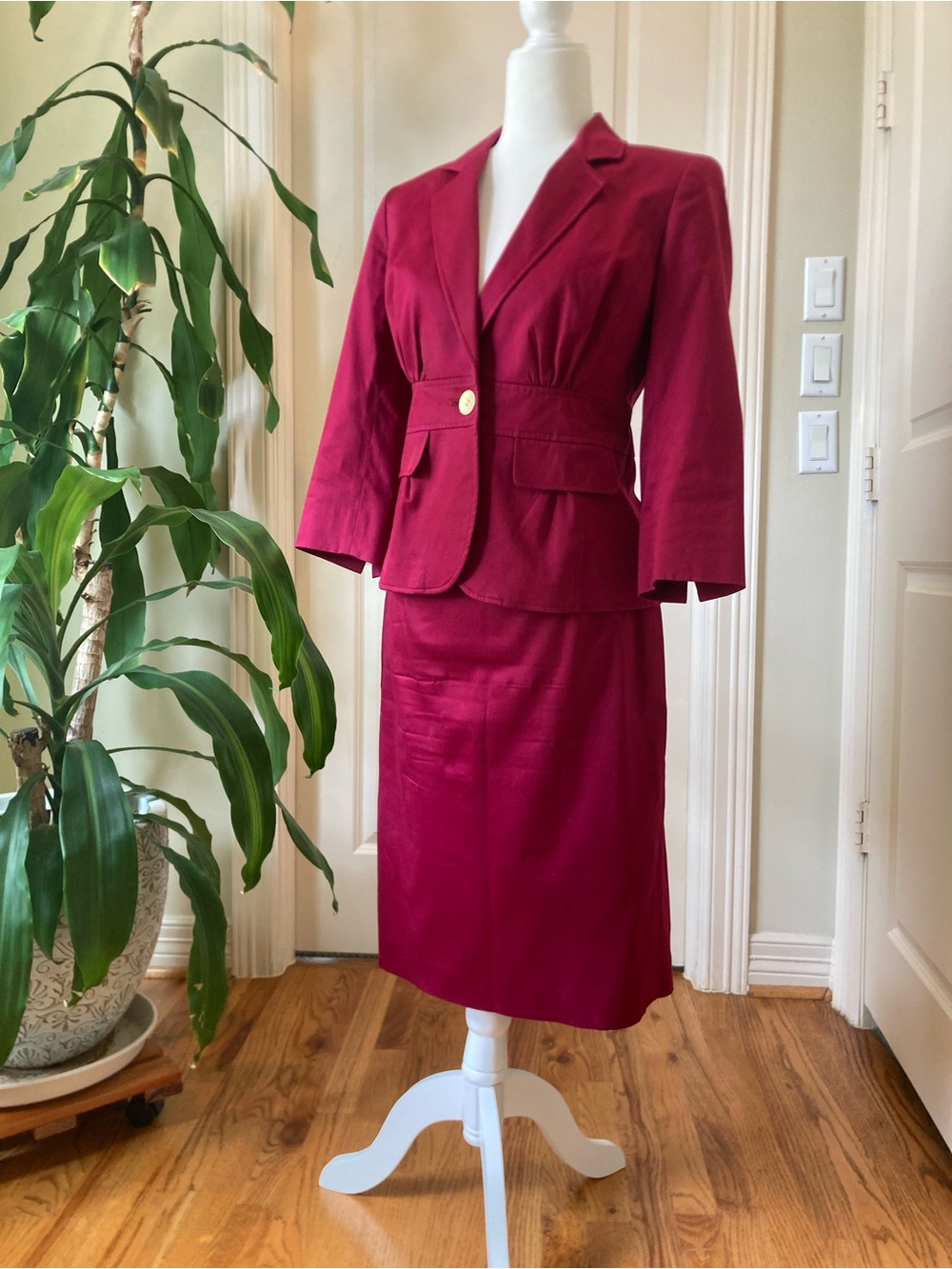 Nine West Wine Red Two-Piece Skirt Suit with Gold Button